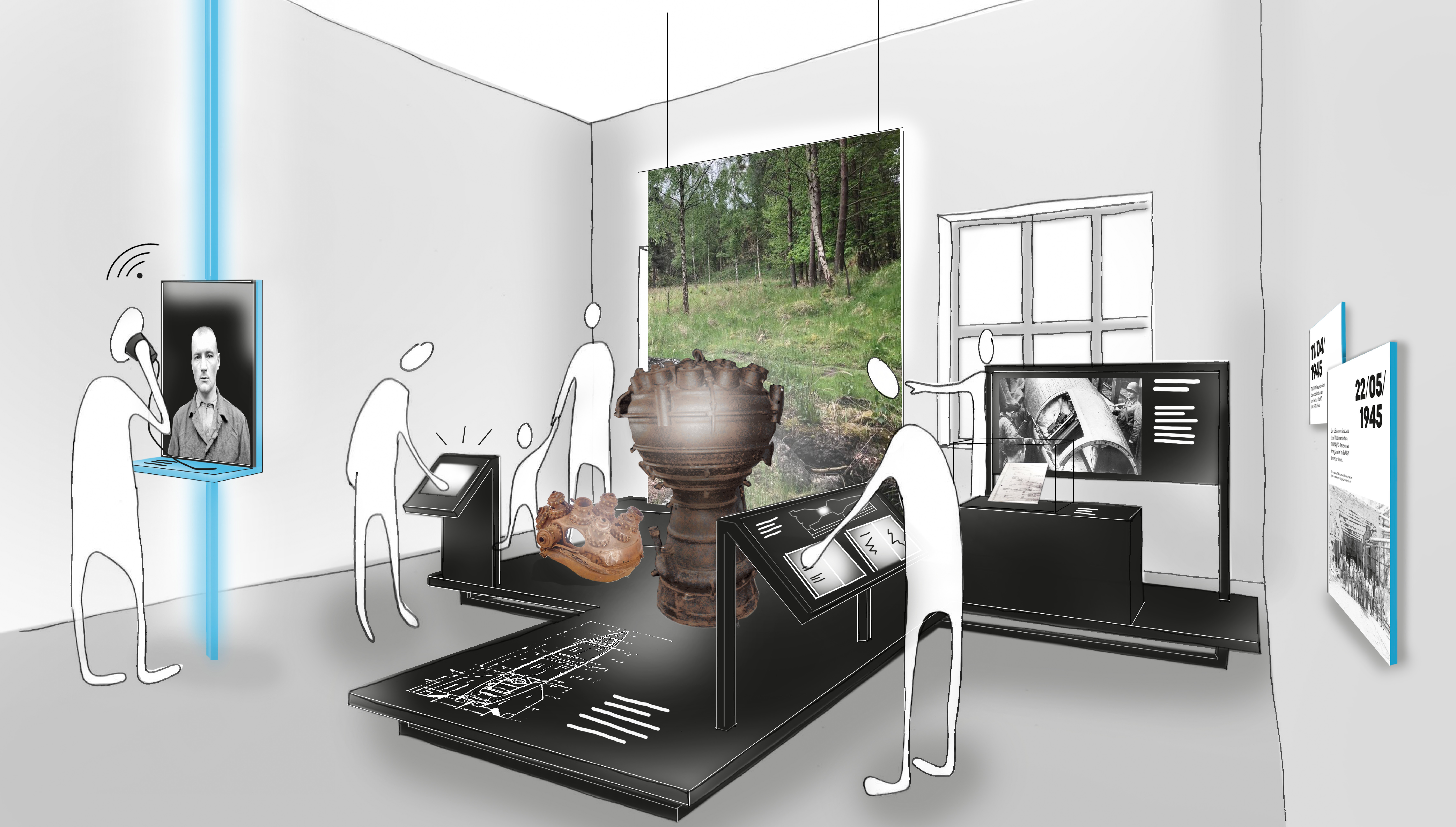 Raumeindruck der Ausstellung mit einer großen teifen Themeninsel auf der verschiedene Ausstellungselemente neben großen technischen Exponaten stehen.