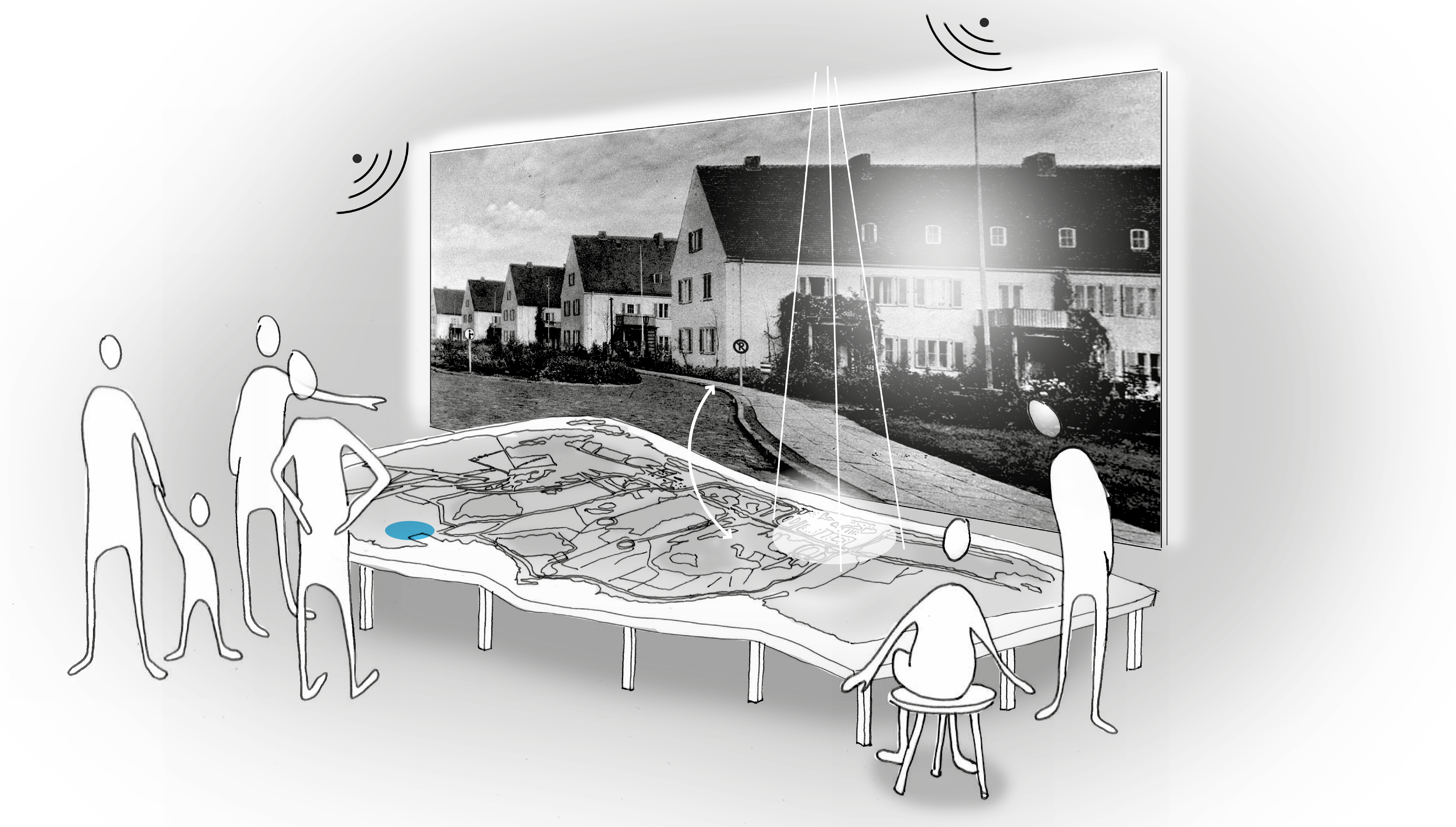 große interaktiver Lageplan mit Projektionen auf dem Plan und einer großen Projektion an der Wand dahinter