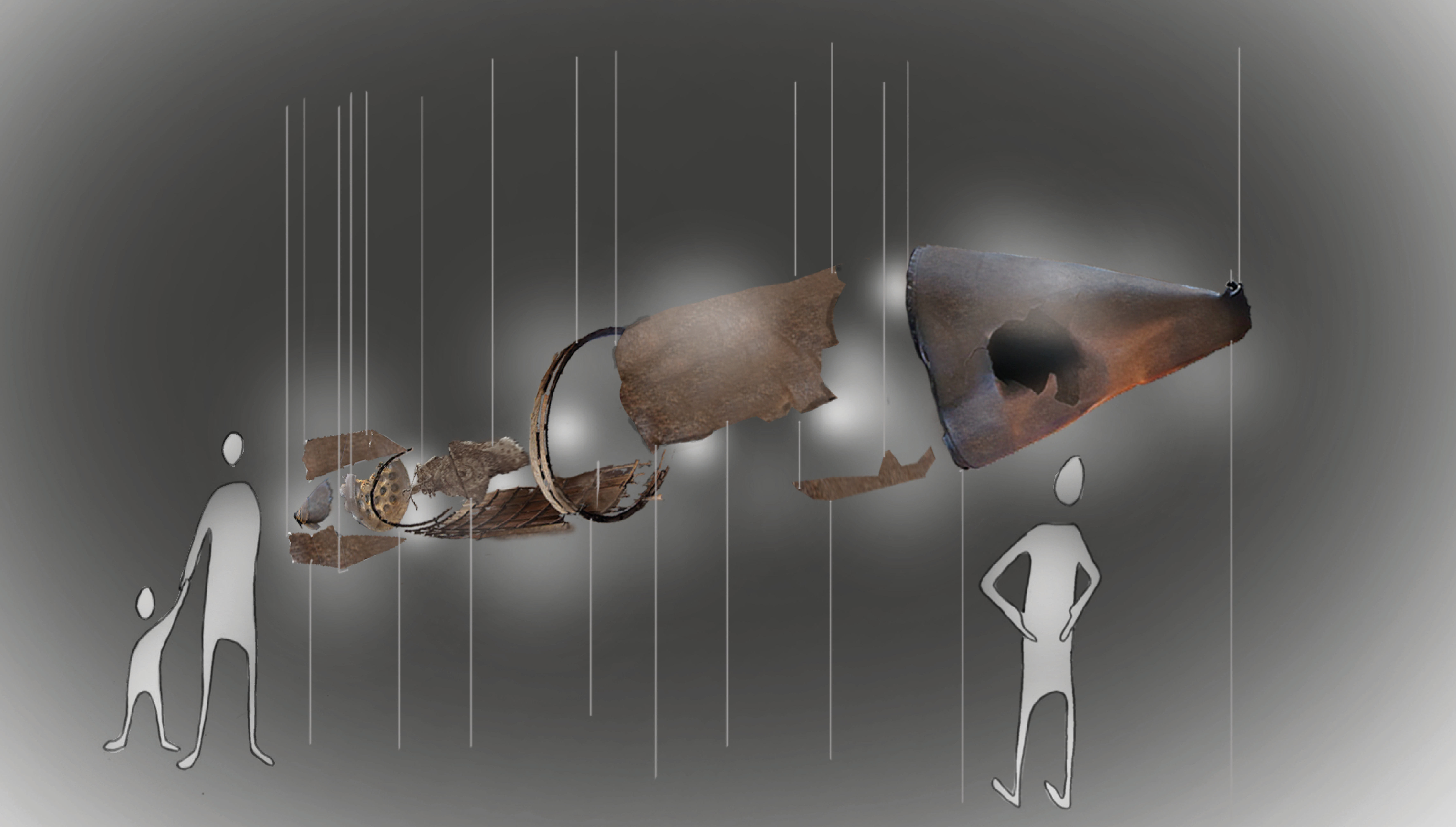 Explosionsartige Montage einer alten Rakete hängend in der Mitte der Luft