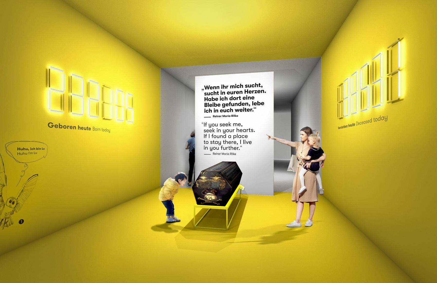 gelber Raum mit großen Leuchtziffern an gegenüberliegenden Wänden und einem schwarzen Sarg in der Mitte