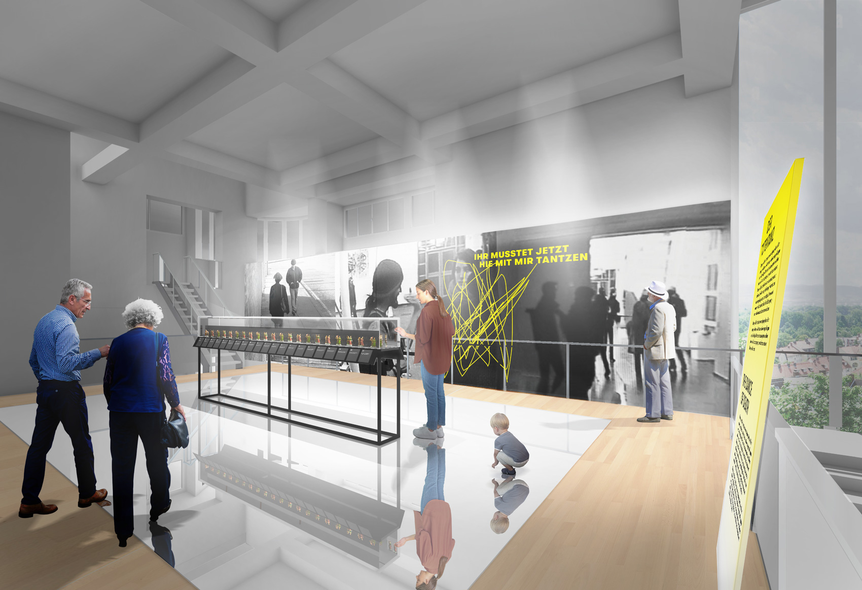 Raumeindruck mit großer Vitrineninstallation im Zentrum