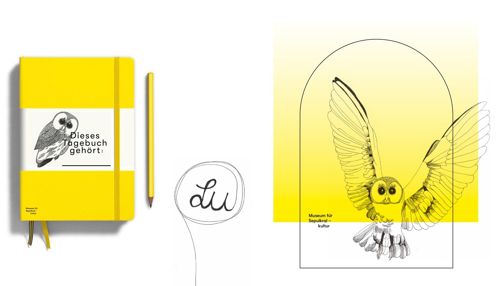 Links: ein Tagebuch gestaltet zur Ausstellung, rechts: das Logo in gelb mit fliegender Eule
