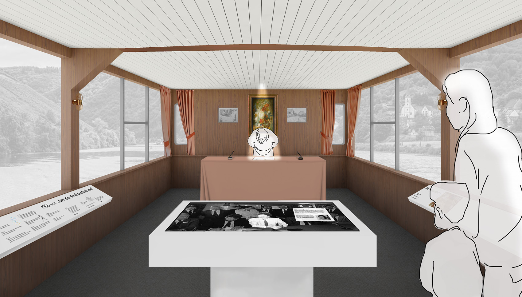 Innenraum der Ausstellung mit großer Medienstation