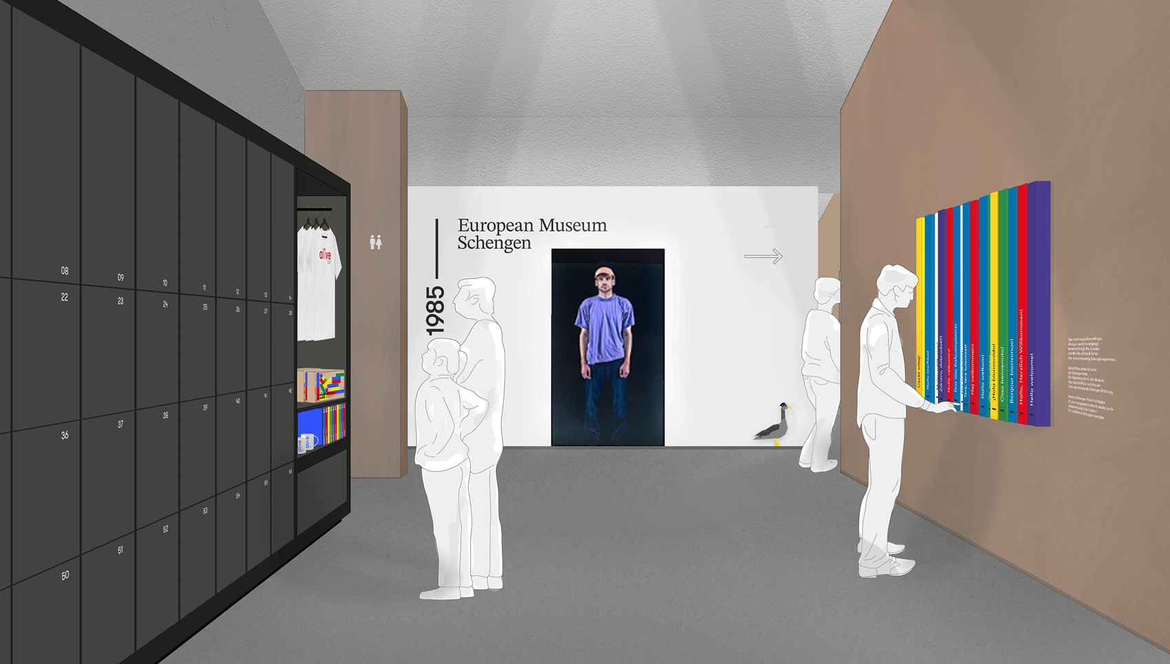 Ankunftssituation mit Schließfächern und Interaktionswand