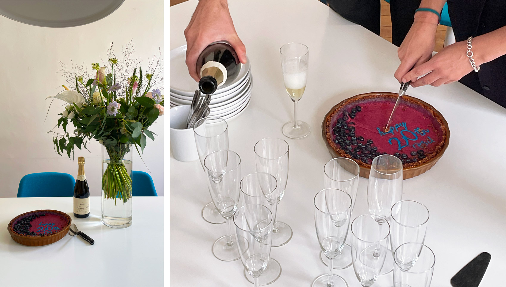 Nahaufnahme von Sektgläsern, die gerade befüllt werden. Daneben wir ein roter Kuchen mit blauer Schrift "Happy 20th res d" angeschnitten.