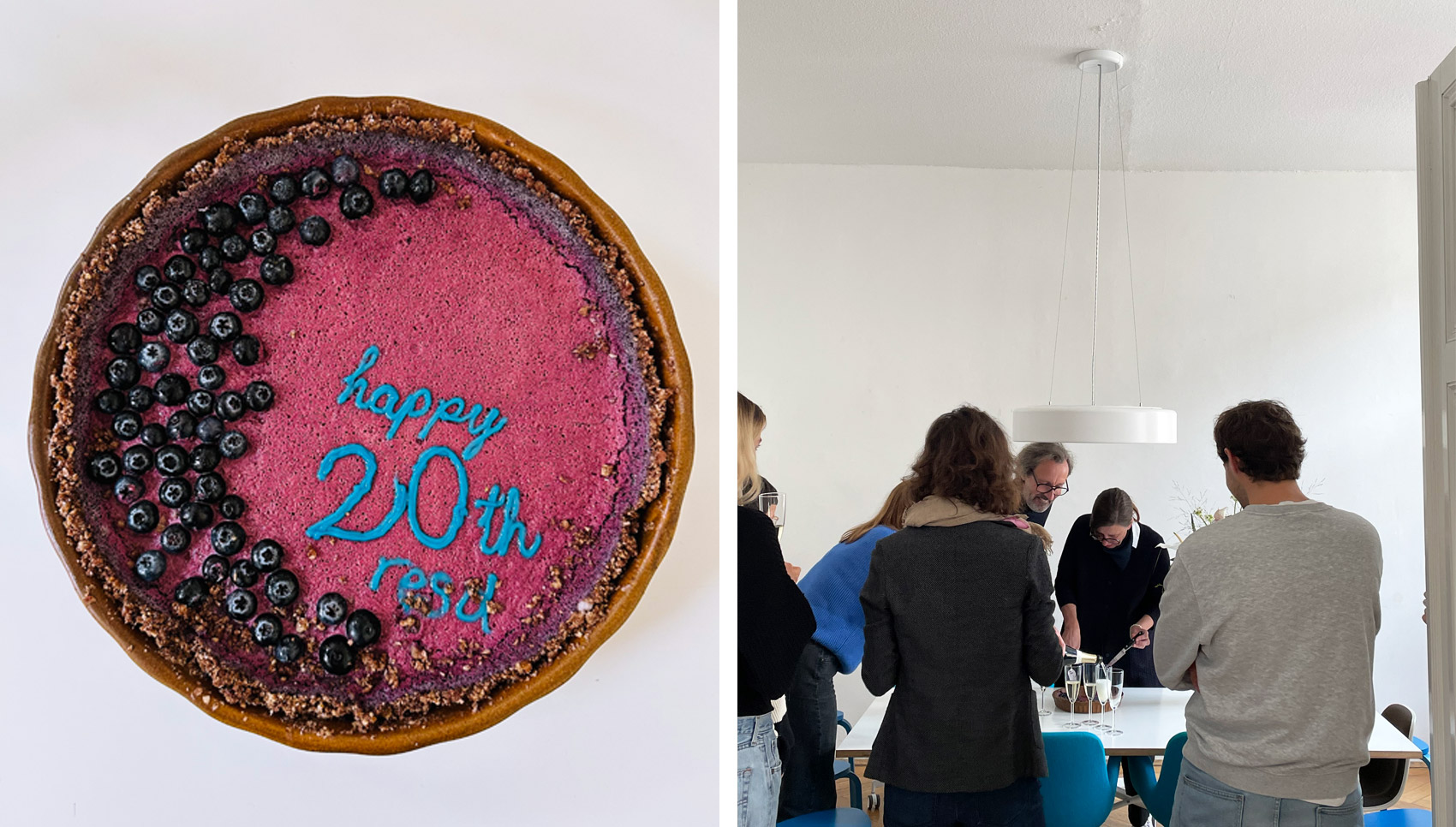 links Kuchen mit blauer Schrift "Happy 20th res d" angeschnitten. rechts das Team von res d steht um den Kuchen herum