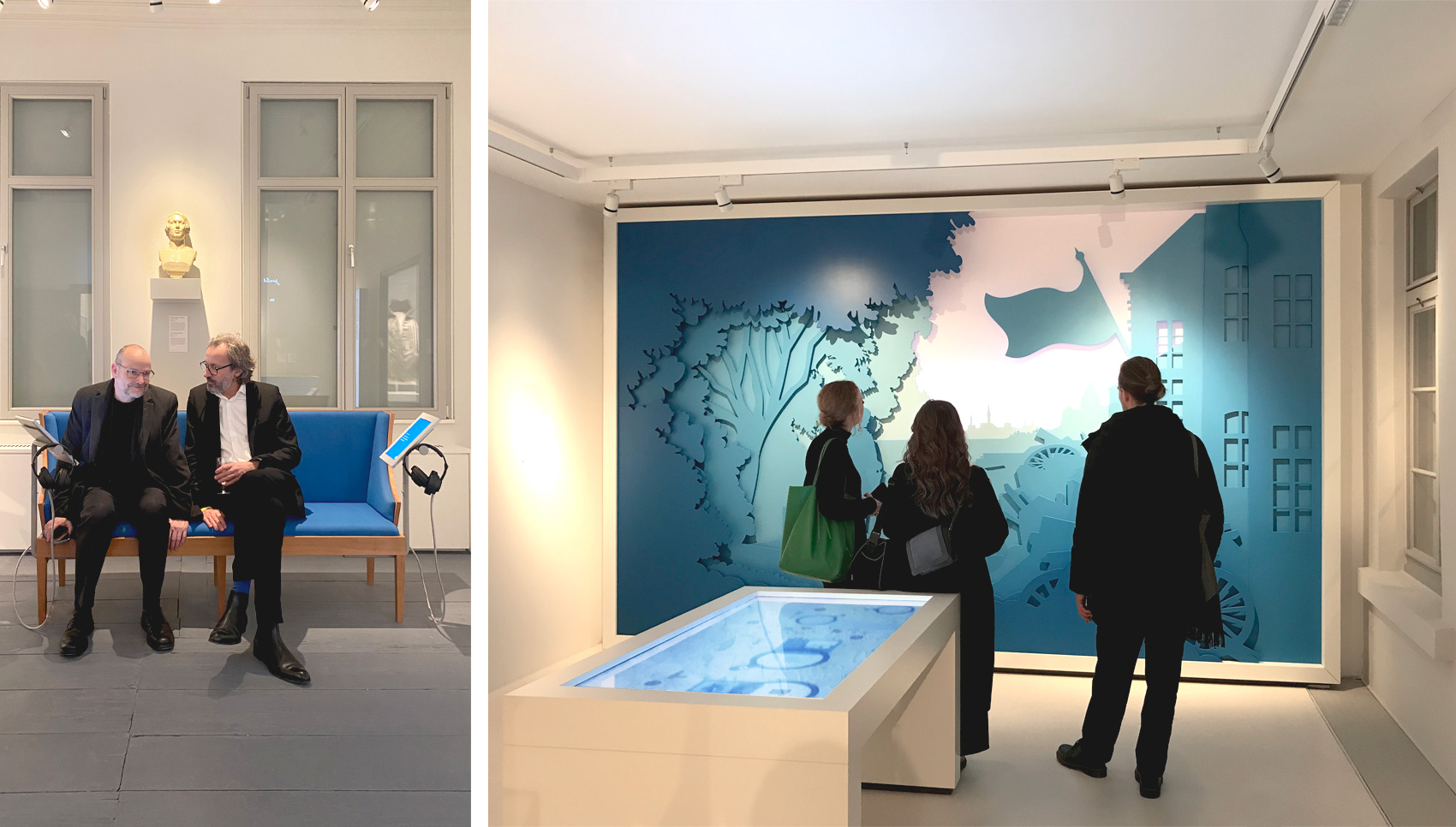 links: Markus Junker und Ingo Plato / rechts: das Team von res d vor einer Installation.