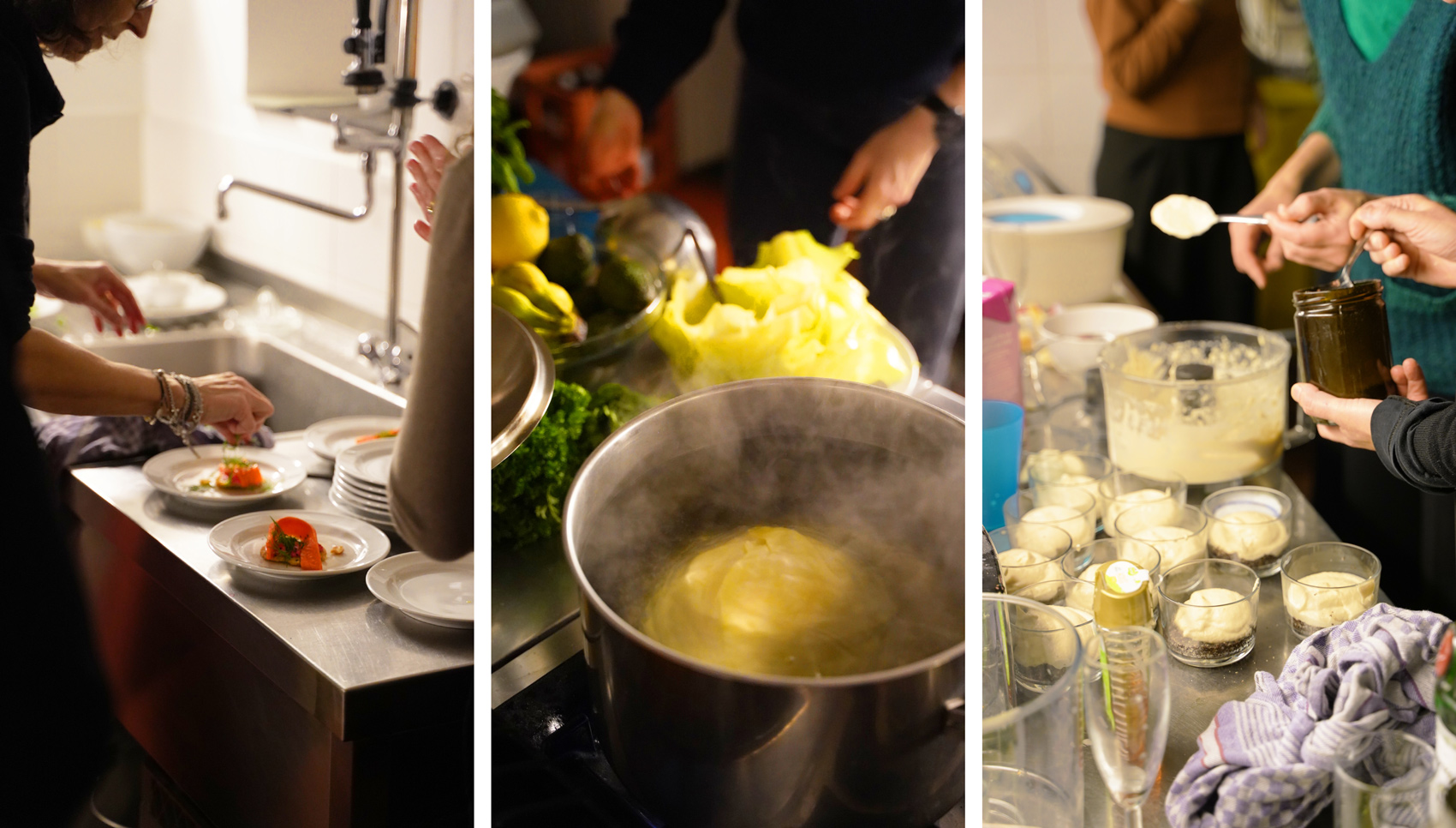 Detailbilder vom Kochen und anrichten der Teller.