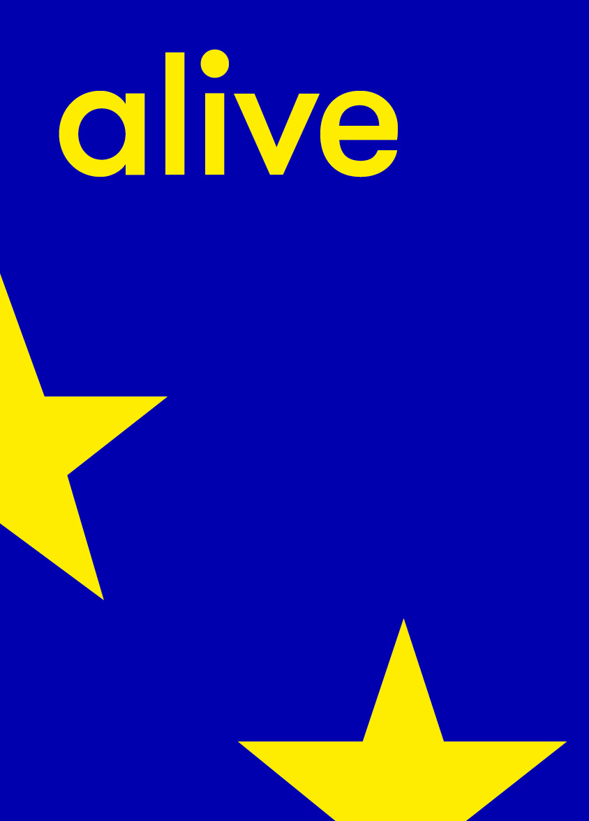 Titelbild "alive" gelber Text und gelbe Sterne auf blauem Hintergrund