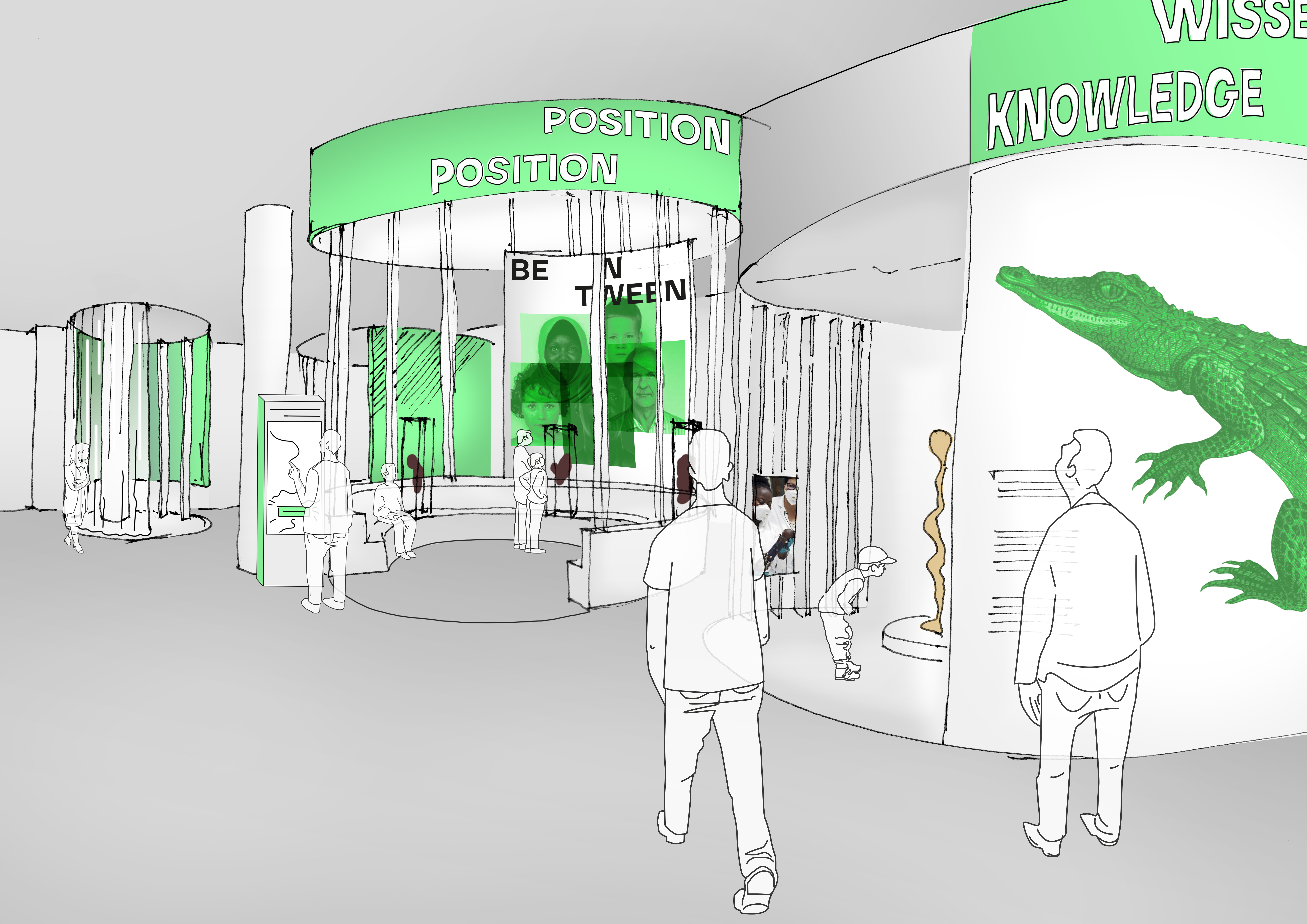 Skizze eines Raumblickes mit verschiedenen Objektinseln