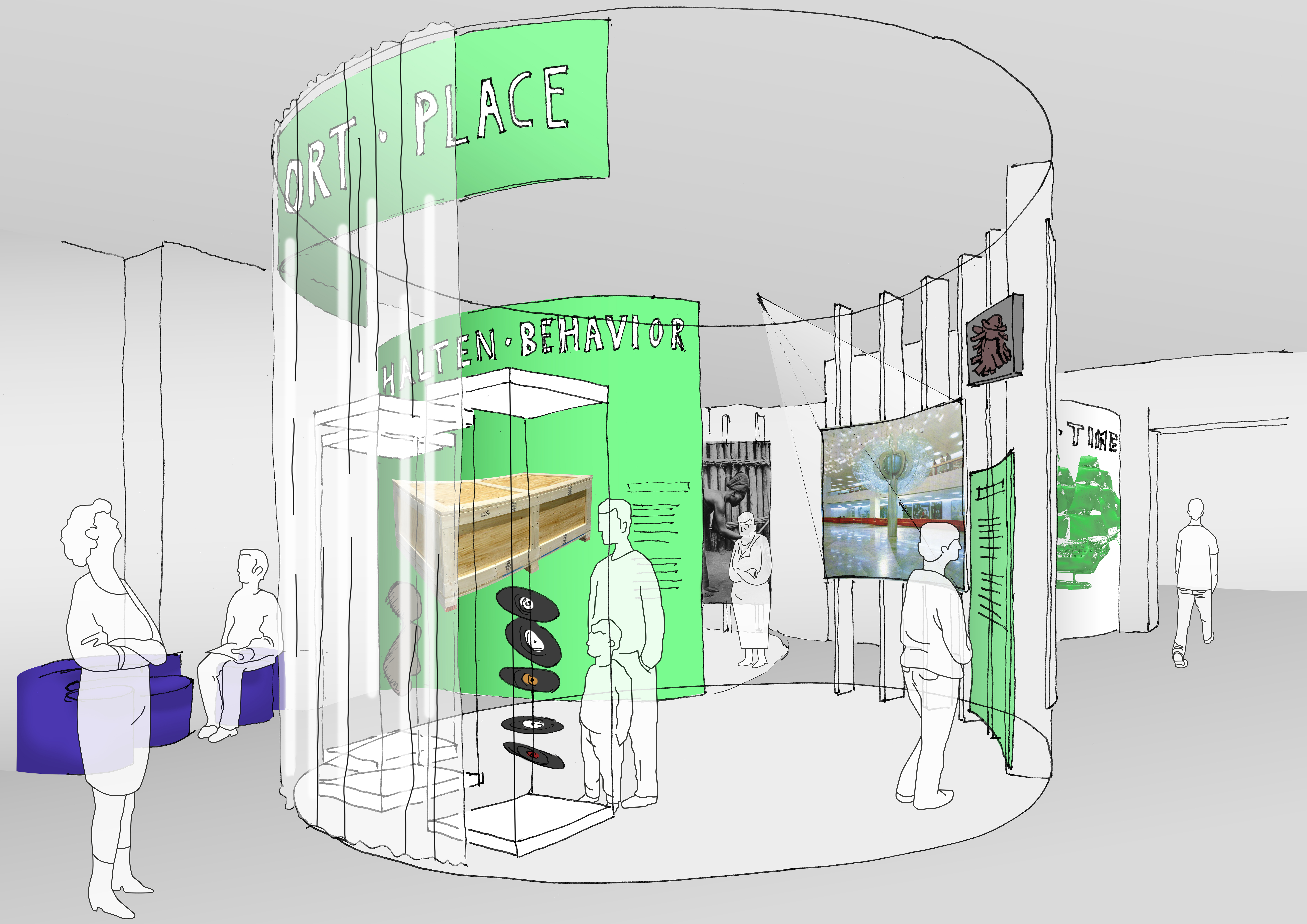 Skizze einer Objektinsel mit Standvitrinen, transparenten Stoffen, Textgrafiken und Projektionen