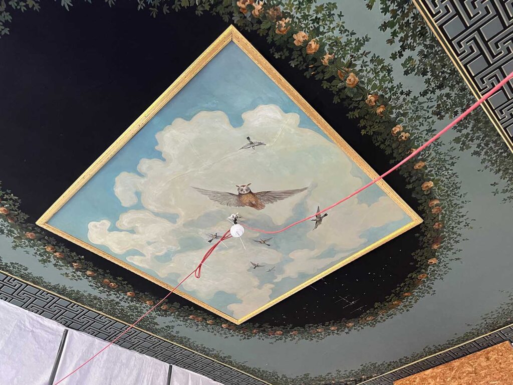 Deckenmalerei mit einer fliegenden Eule und kleinen Vögeln vor Wolkenhimmel in goldenem Rahmen, umgeben von Rosen.